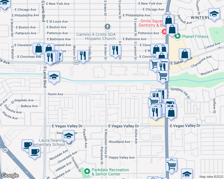 map of restaurants, bars, coffee shops, grocery stores, and more near 4634 Tracylynn Lane in Las Vegas