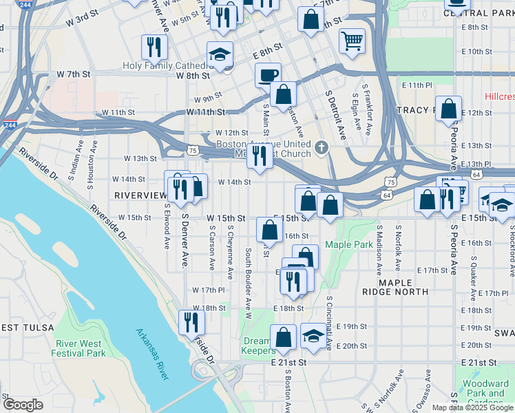 map of restaurants, bars, coffee shops, grocery stores, and more near 1437 South Boulder Avenue in Tulsa