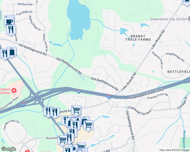 map of restaurants, bars, coffee shops, grocery stores, and more near 4613 Norsaw Court in Greensboro