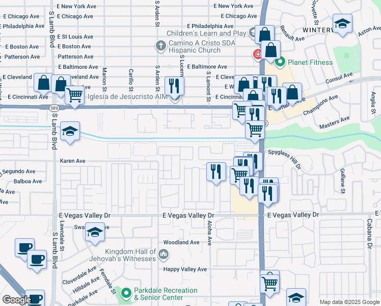 map of restaurants, bars, coffee shops, grocery stores, and more near 2684 Bryandouglas Drive in Las Vegas