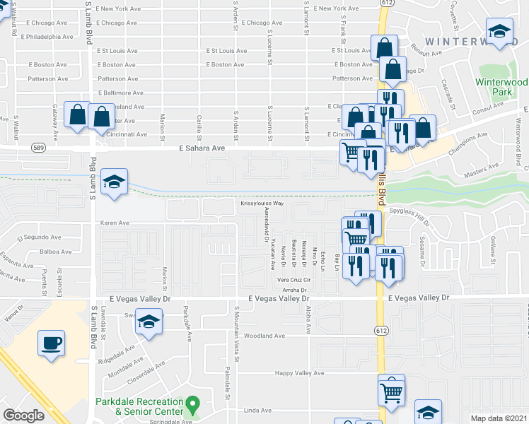 map of restaurants, bars, coffee shops, grocery stores, and more near 4670 Tracylynn Lane in Las Vegas
