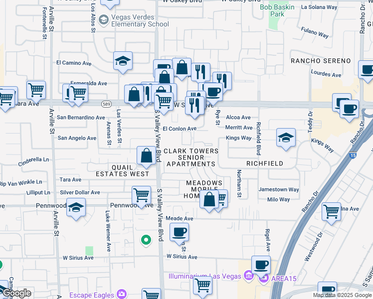 map of restaurants, bars, coffee shops, grocery stores, and more near 2701 Clark Towers Court in Las Vegas