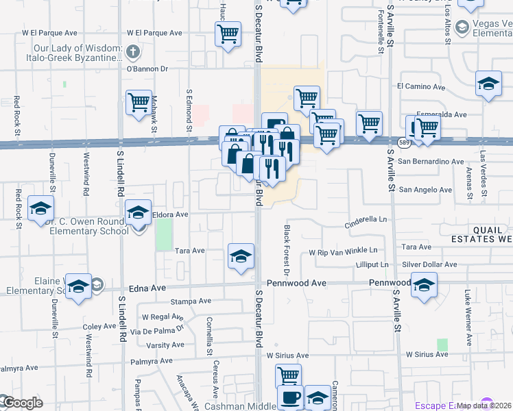 map of restaurants, bars, coffee shops, grocery stores, and more near 2800 South Decatur Boulevard in Las Vegas