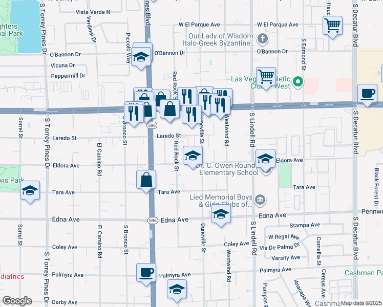 map of restaurants, bars, coffee shops, grocery stores, and more near 2672 Red Rock Street in Las Vegas