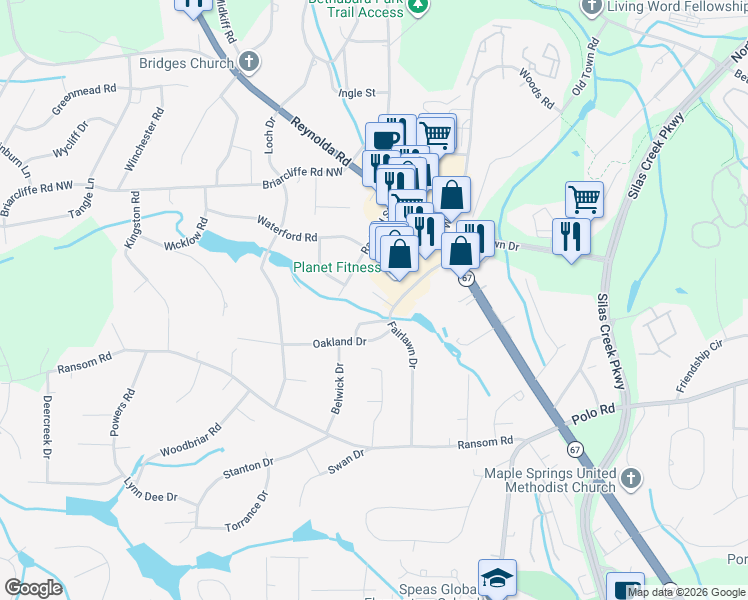 map of restaurants, bars, coffee shops, grocery stores, and more near 2806 Teakwood Court in Winston-Salem