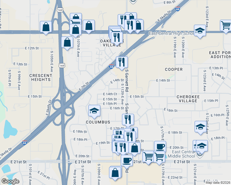 map of restaurants, bars, coffee shops, grocery stores, and more near 11024 East 14th Court in Tulsa