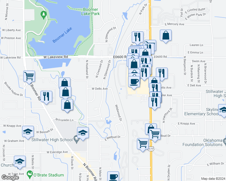 map of restaurants, bars, coffee shops, grocery stores, and more near 1915 Wildwood Drive in Stillwater