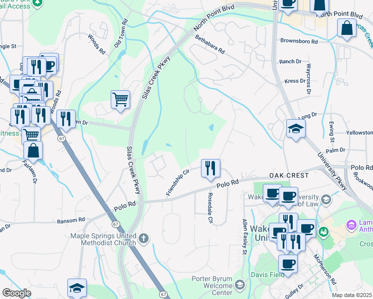 map of restaurants, bars, coffee shops, grocery stores, and more near Freds Road in Winston-Salem