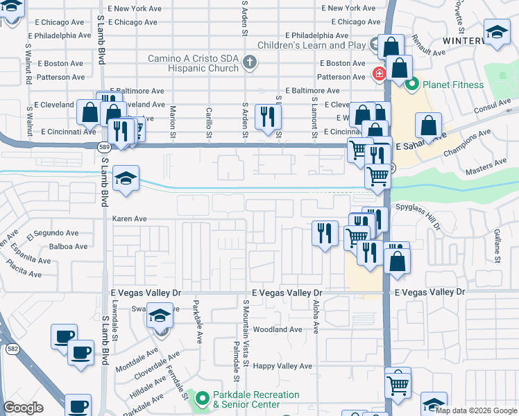 map of restaurants, bars, coffee shops, grocery stores, and more near 4634 Tracylynn Lane in Las Vegas