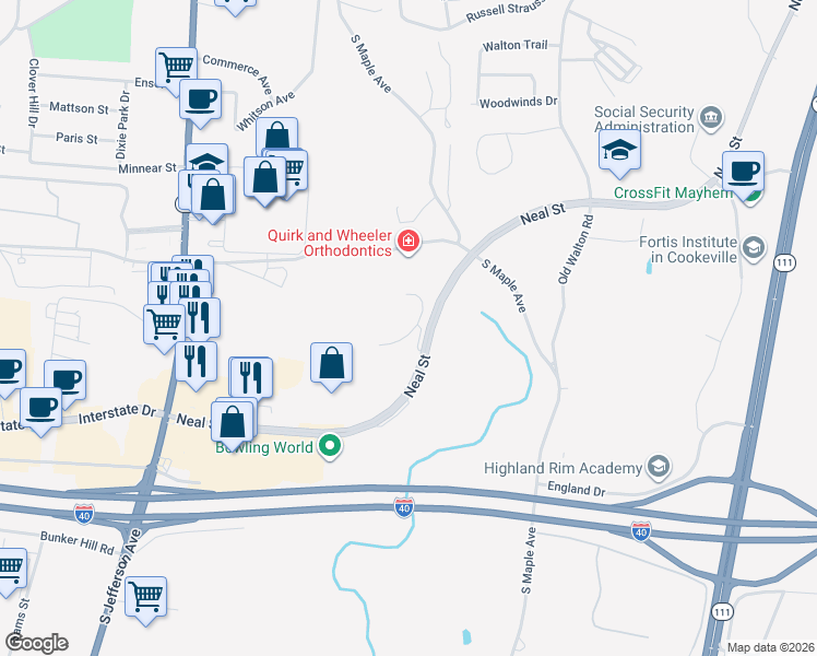 map of restaurants, bars, coffee shops, grocery stores, and more near 560 Neal Street in Cookeville