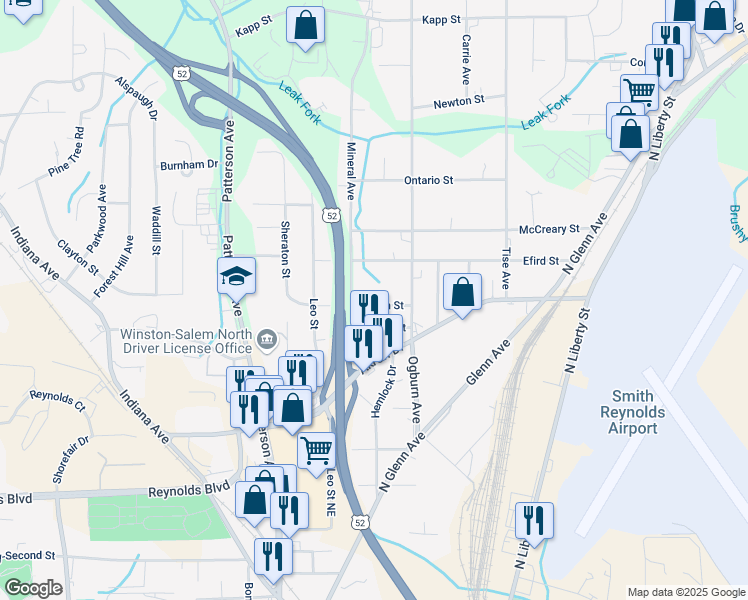map of restaurants, bars, coffee shops, grocery stores, and more near 507 Peden Street in Winston-Salem