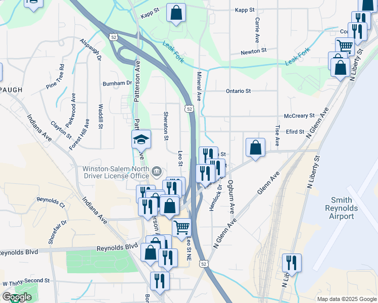 map of restaurants, bars, coffee shops, grocery stores, and more near 415 Peden Street in Winston-Salem