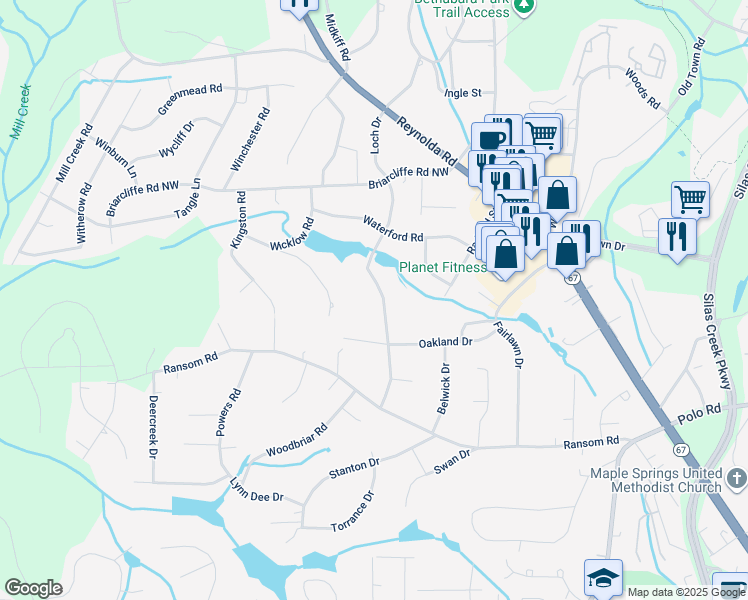 map of restaurants, bars, coffee shops, grocery stores, and more near 2832 Loch Drive in Winston-Salem