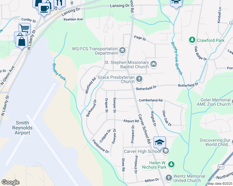 map of restaurants, bars, coffee shops, grocery stores, and more near 3101 Flanders Drive in Winston-Salem