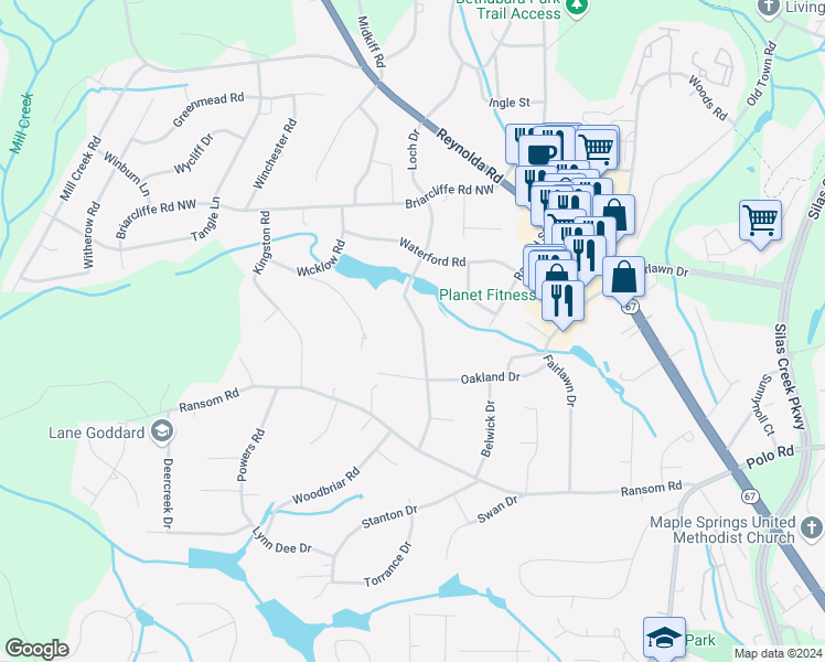 map of restaurants, bars, coffee shops, grocery stores, and more near 2832 Loch Drive in Winston-Salem