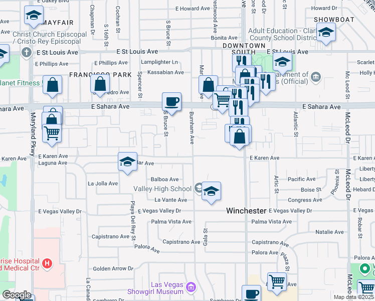 map of restaurants, bars, coffee shops, grocery stores, and more near 2080 Karen Avenue in Las Vegas