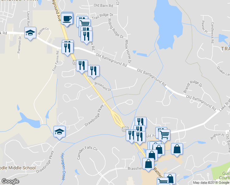 map of restaurants, bars, coffee shops, grocery stores, and more near 3507 Brookfield Drive in Greensboro
