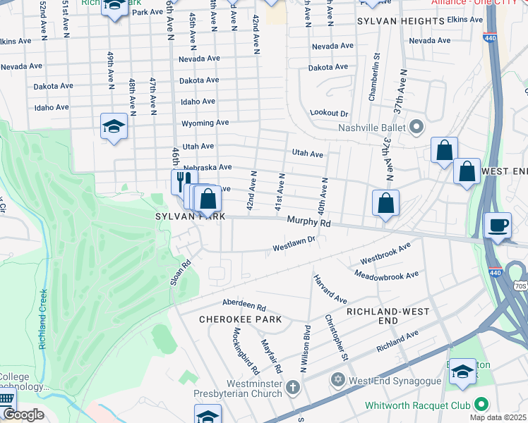 map of restaurants, bars, coffee shops, grocery stores, and more near 4108 Murphy Road in Nashville