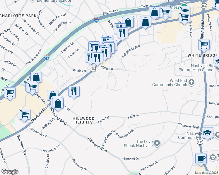 map of restaurants, bars, coffee shops, grocery stores, and more near 100-1098 Watts Cir in Nashville