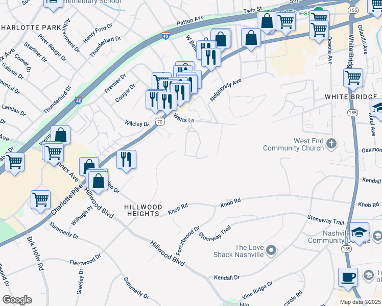 map of restaurants, bars, coffee shops, grocery stores, and more near 100-1098 Watts Cir in Nashville