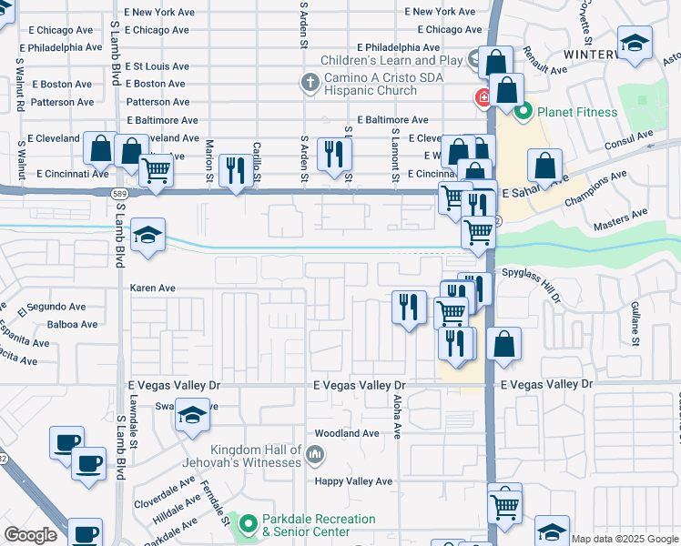 map of restaurants, bars, coffee shops, grocery stores, and more near 4670 Tracylynn Lane in Las Vegas