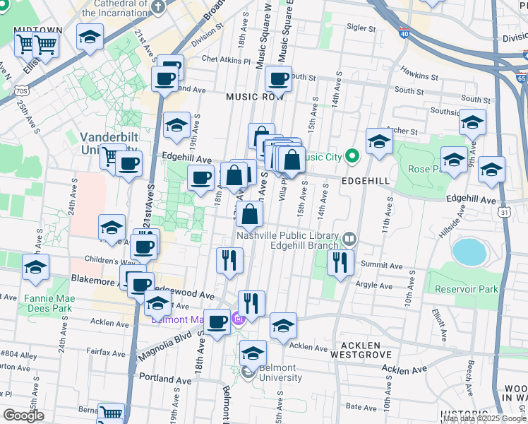 map of restaurants, bars, coffee shops, grocery stores, and more near in Nashville
