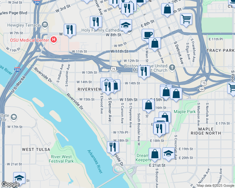 map of restaurants, bars, coffee shops, grocery stores, and more near 105 North Detroit Avenue in Tulsa