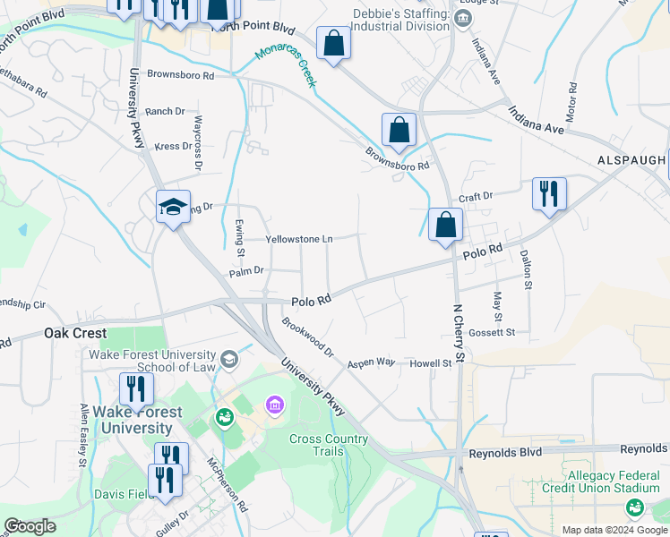 map of restaurants, bars, coffee shops, grocery stores, and more near 809 Minorcas Road in Winston-Salem