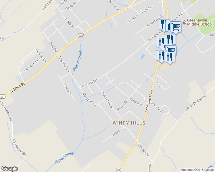 map of restaurants, bars, coffee shops, grocery stores, and more near 205 West Savanna Court in Greeneville