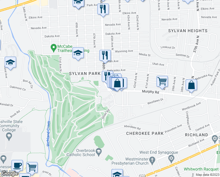 map of restaurants, bars, coffee shops, grocery stores, and more near 4502 Murphy Road in Nashville