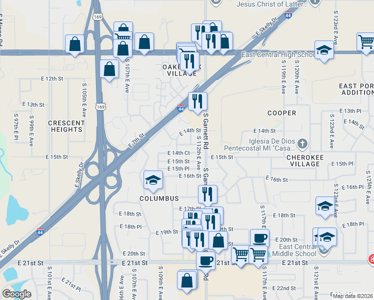map of restaurants, bars, coffee shops, grocery stores, and more near 11024 East 14th Court in Tulsa