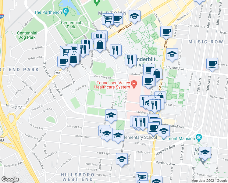 map of restaurants, bars, coffee shops, grocery stores, and more near 1408 25th Avenue South in Nashville