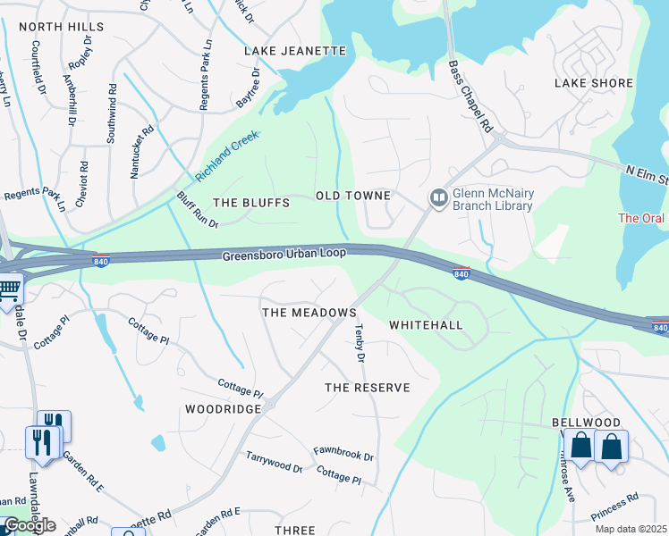 map of restaurants, bars, coffee shops, grocery stores, and more near 15 Montford Court in Greensboro