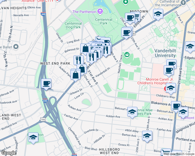 map of restaurants, bars, coffee shops, grocery stores, and more near 3015 Vanderbilt Place in Nashville