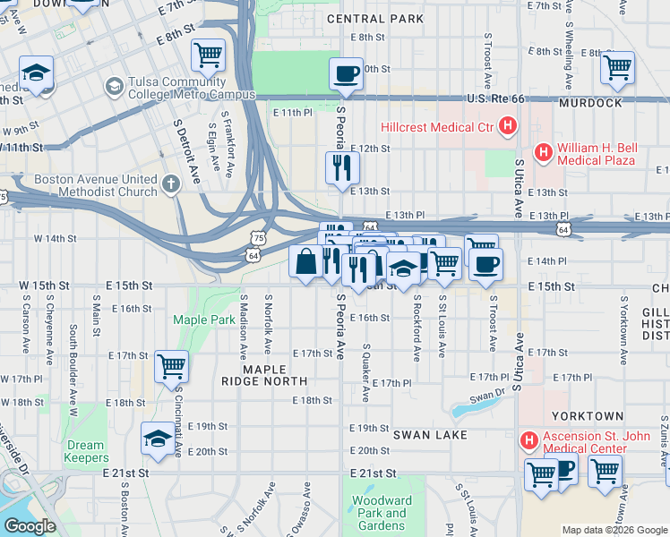 map of restaurants, bars, coffee shops, grocery stores, and more near in Tulsa