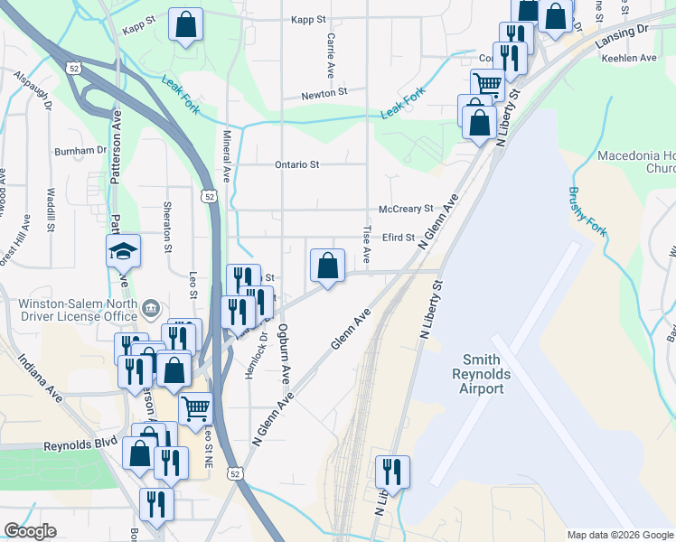 map of restaurants, bars, coffee shops, grocery stores, and more near 701 Akron Drive in Winston-Salem