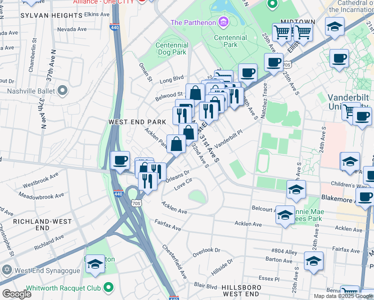 map of restaurants, bars, coffee shops, grocery stores, and more near 111 33rd Avenue in Nashville