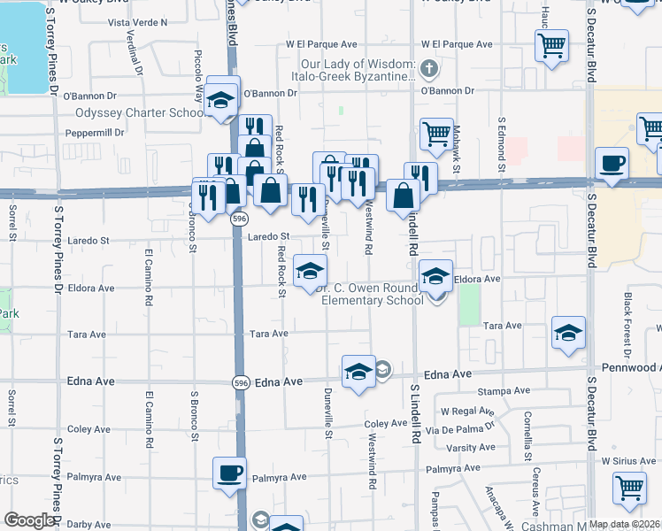 map of restaurants, bars, coffee shops, grocery stores, and more near 2668 Duneville Street in Las Vegas