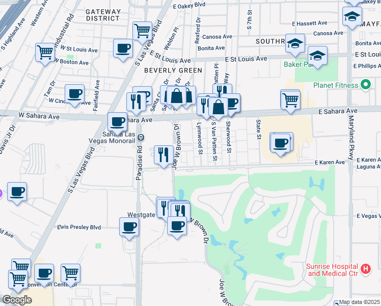 map of restaurants, bars, coffee shops, grocery stores, and more near 2658 Karen Court in Las Vegas