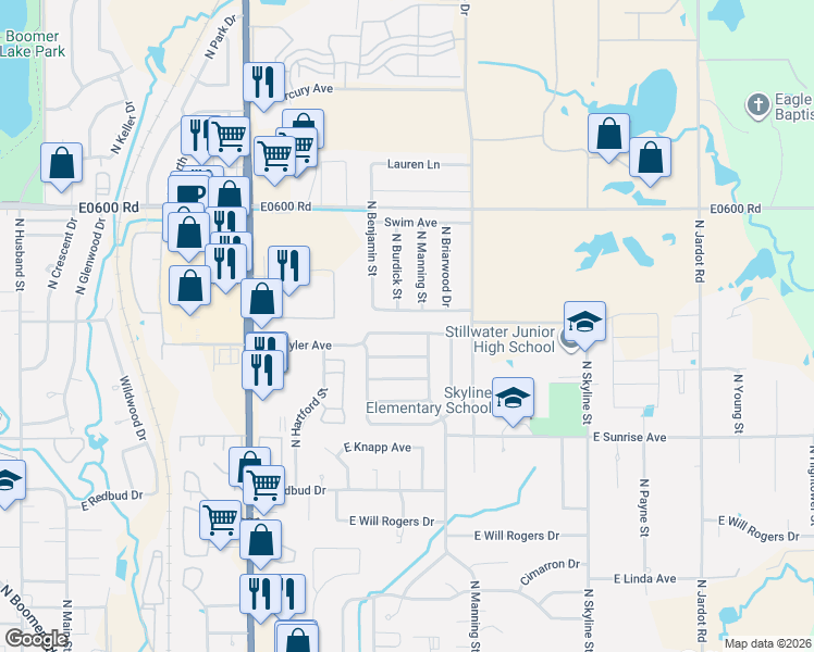 map of restaurants, bars, coffee shops, grocery stores, and more near 927 East Krayler Avenue in Stillwater