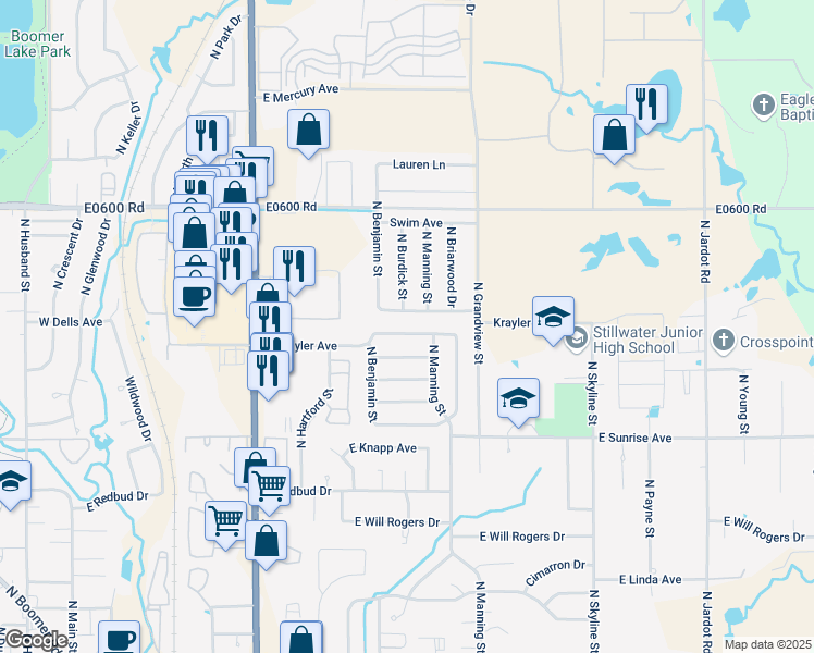 map of restaurants, bars, coffee shops, grocery stores, and more near 927 East Krayler Avenue in Stillwater
