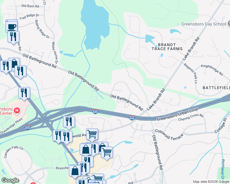 map of restaurants, bars, coffee shops, grocery stores, and more near 4613 Norsaw Court in Greensboro