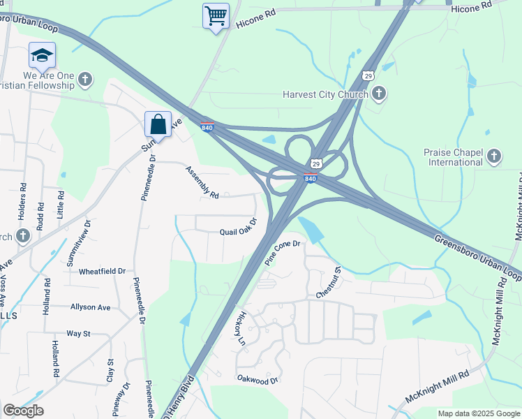 map of restaurants, bars, coffee shops, grocery stores, and more near 3104 Quail Oak Drive in Greensboro