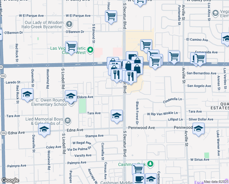 map of restaurants, bars, coffee shops, grocery stores, and more near 250 Eldora Avenue in Las Vegas