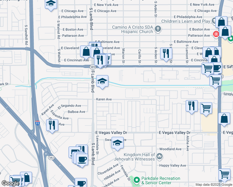 map of restaurants, bars, coffee shops, grocery stores, and more near 4250 East Karen Avenue in Las Vegas