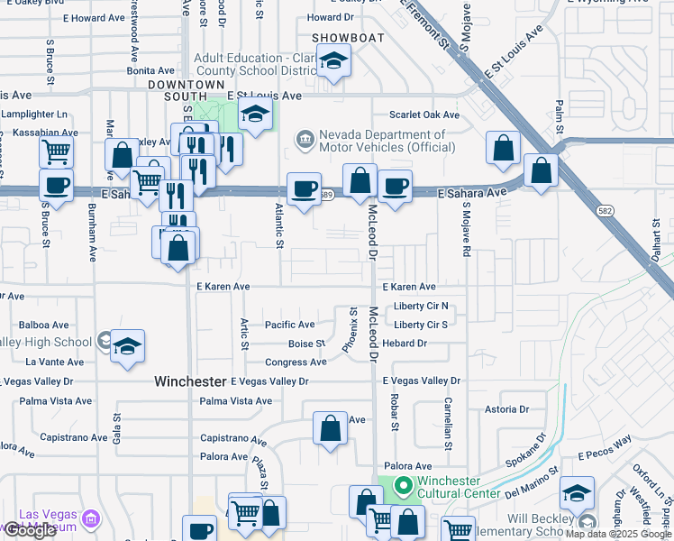 map of restaurants, bars, coffee shops, grocery stores, and more near 2852 Karen Avenue in Las Vegas