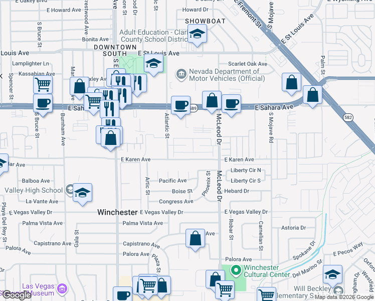 map of restaurants, bars, coffee shops, grocery stores, and more near 2722 Karen Avenue in Las Vegas