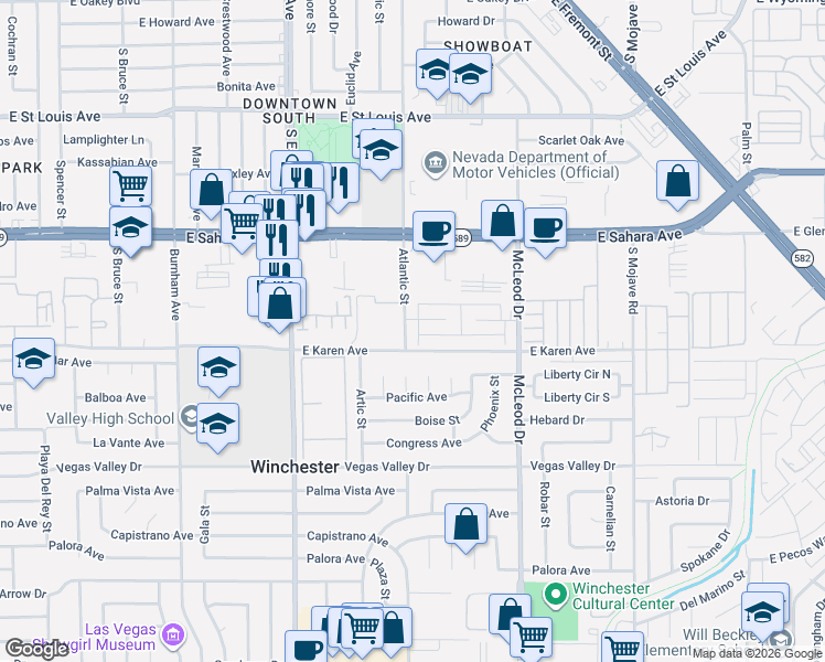 map of restaurants, bars, coffee shops, grocery stores, and more near 296 East Karen Avenue in Las Vegas