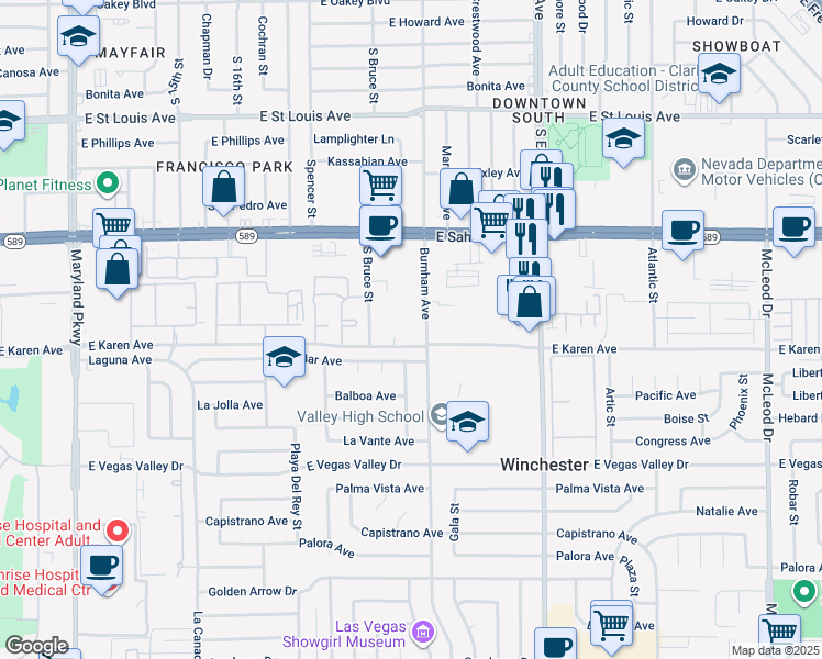map of restaurants, bars, coffee shops, grocery stores, and more near 1 Burnham Avenue in Las Vegas