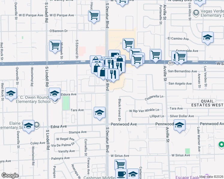 map of restaurants, bars, coffee shops, grocery stores, and more near 2800 South Decatur Boulevard in Las Vegas